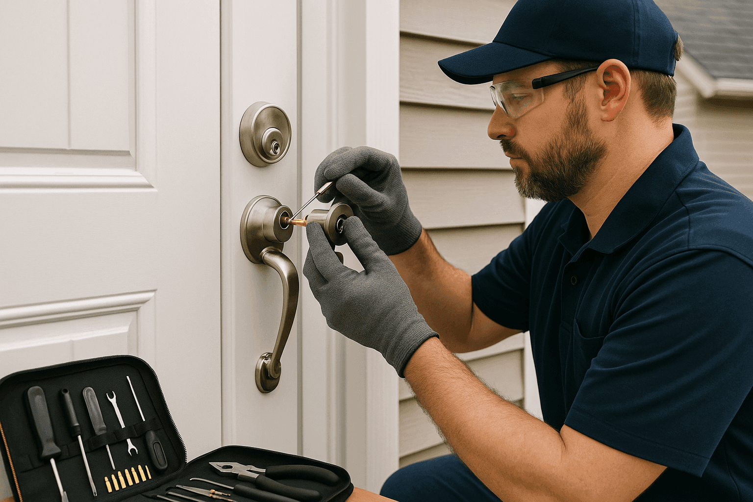 Locksmith rekeying a door lock on a home entrance