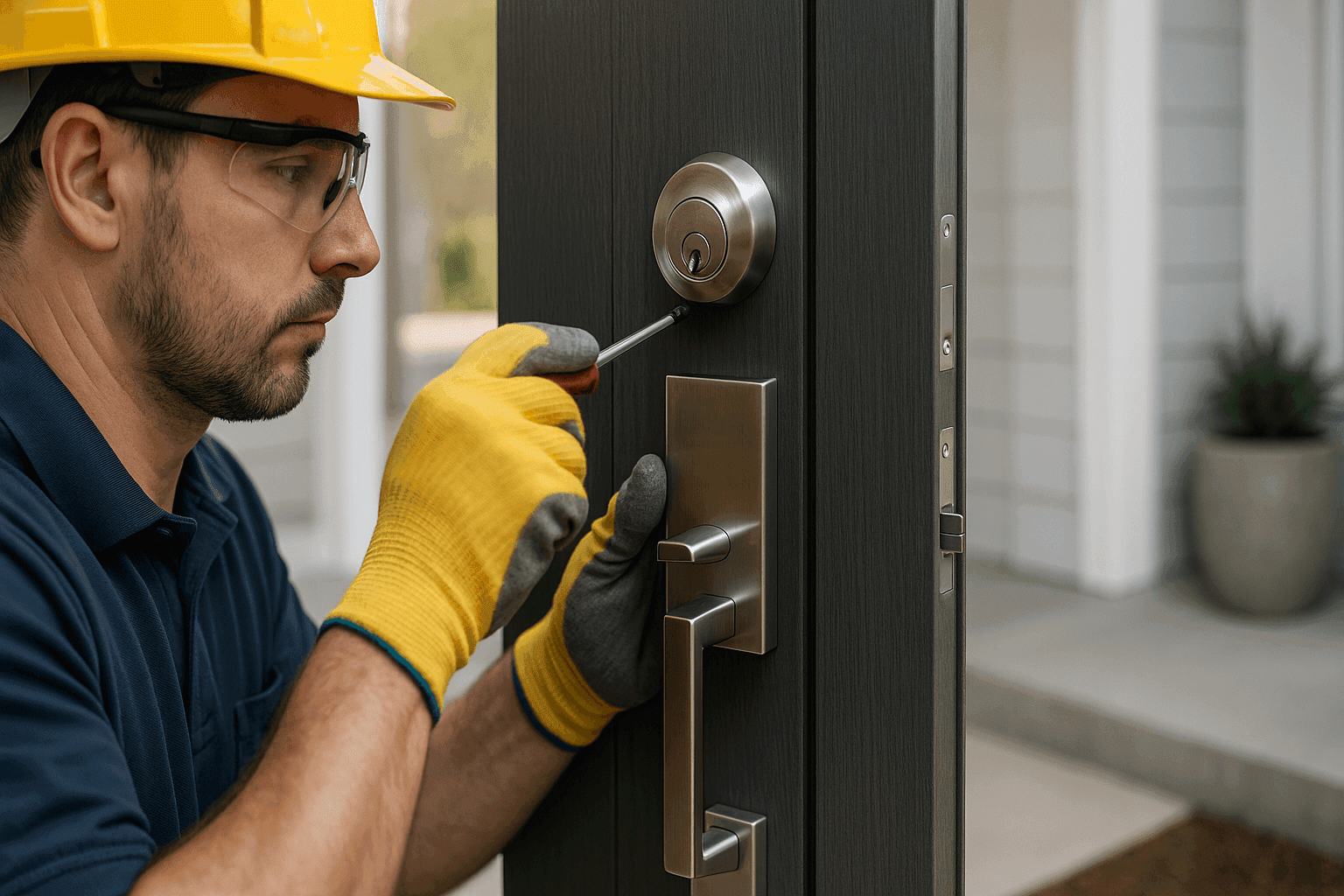 Technician upgrading residential front door lock and hardware