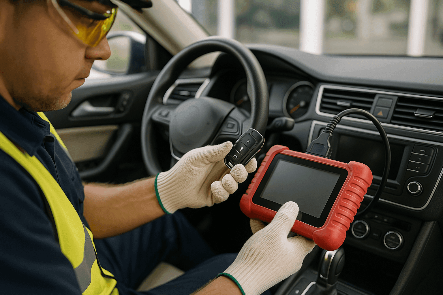 Locksmith programming new car key fob in parked vehicle
