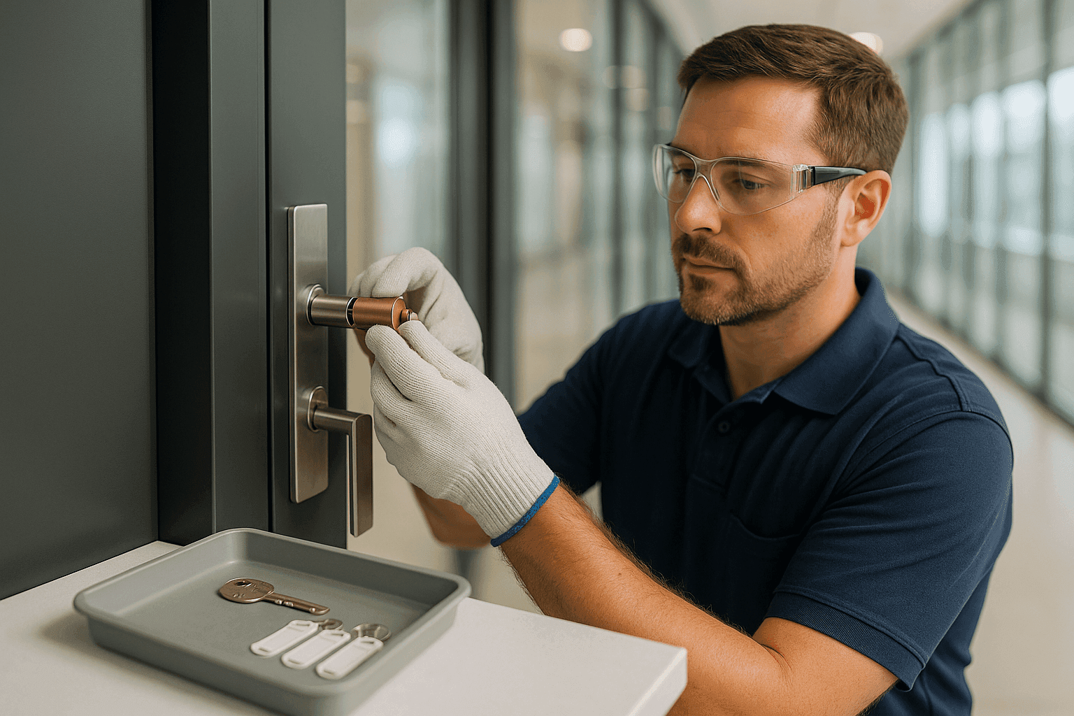 Locksmith installing master key system in office door