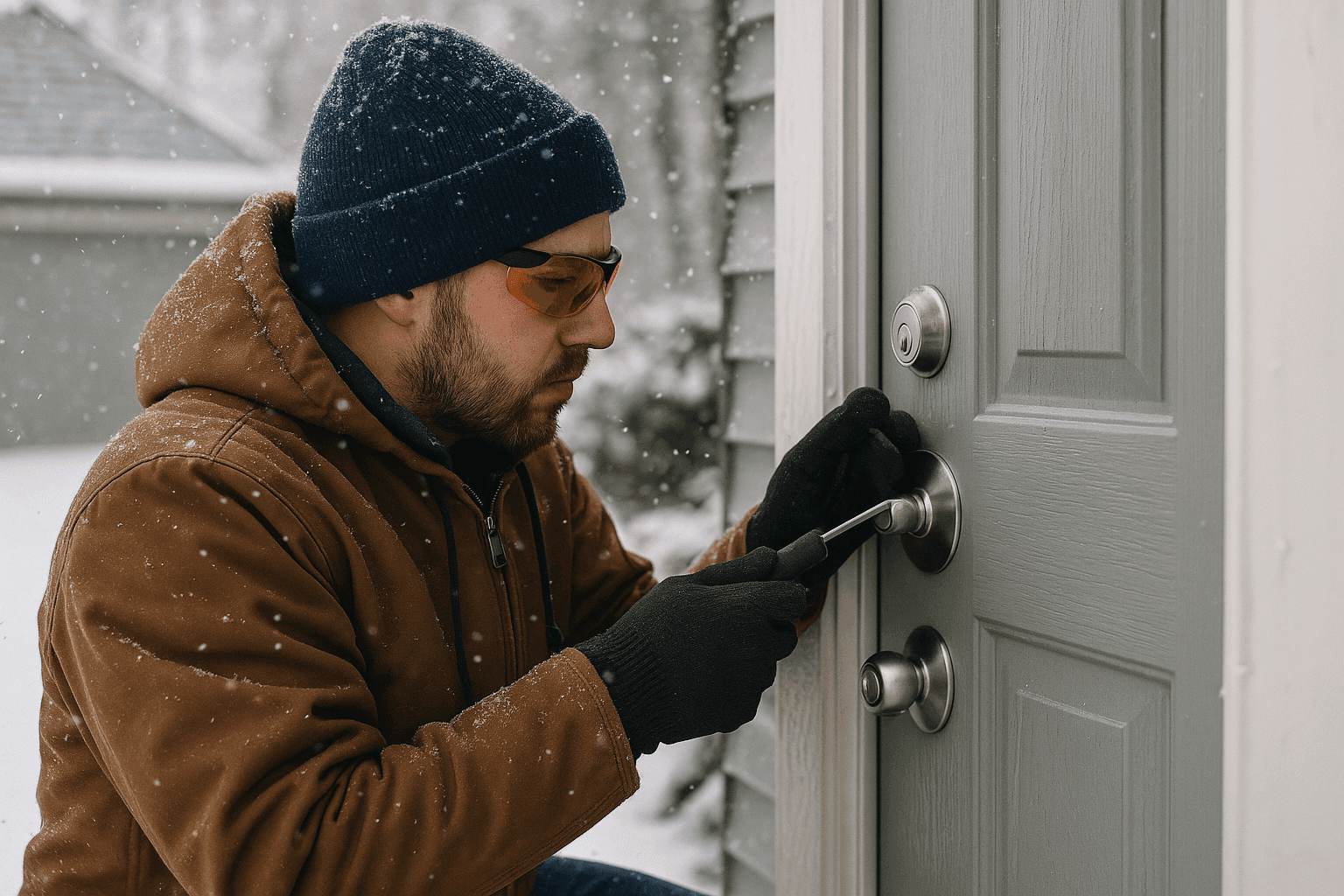 Locksmith inspecting and maintaining a door lock in winter conditions