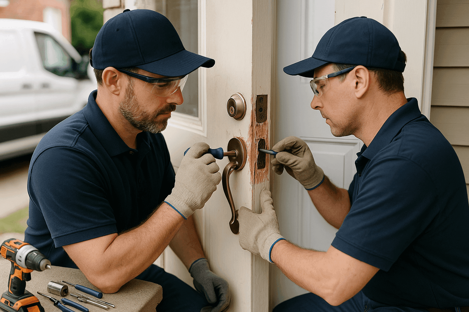 Locksmith repairing a broken front door lock after a home break-in
