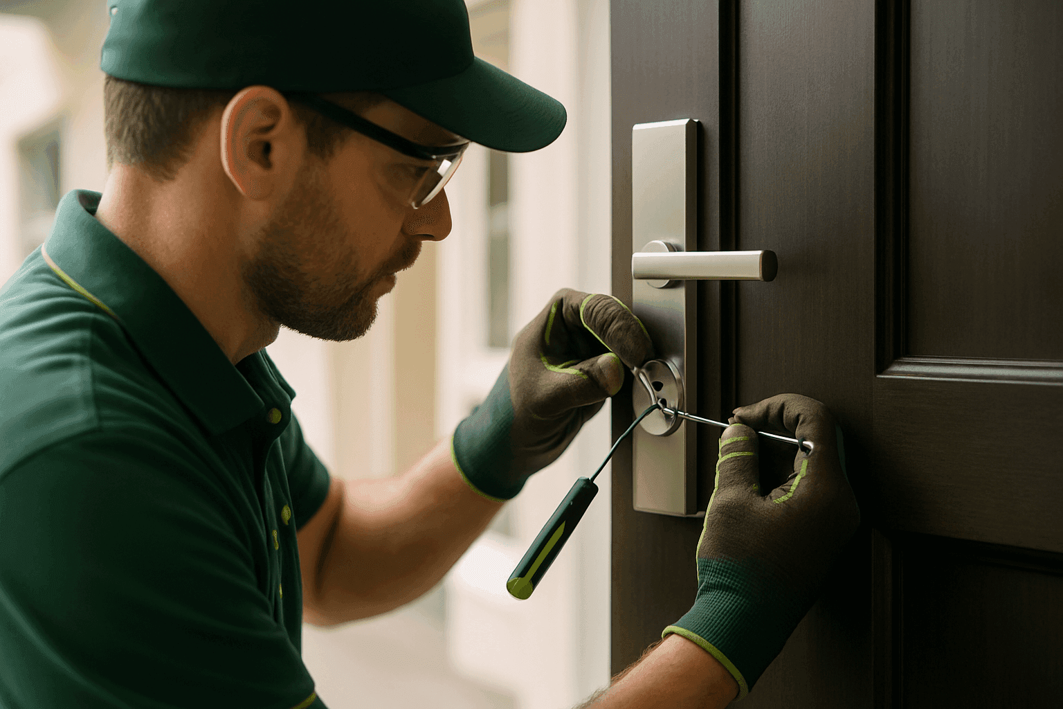 Professional locksth wearing gloves and safety glasses installing a lock on a sturdy door