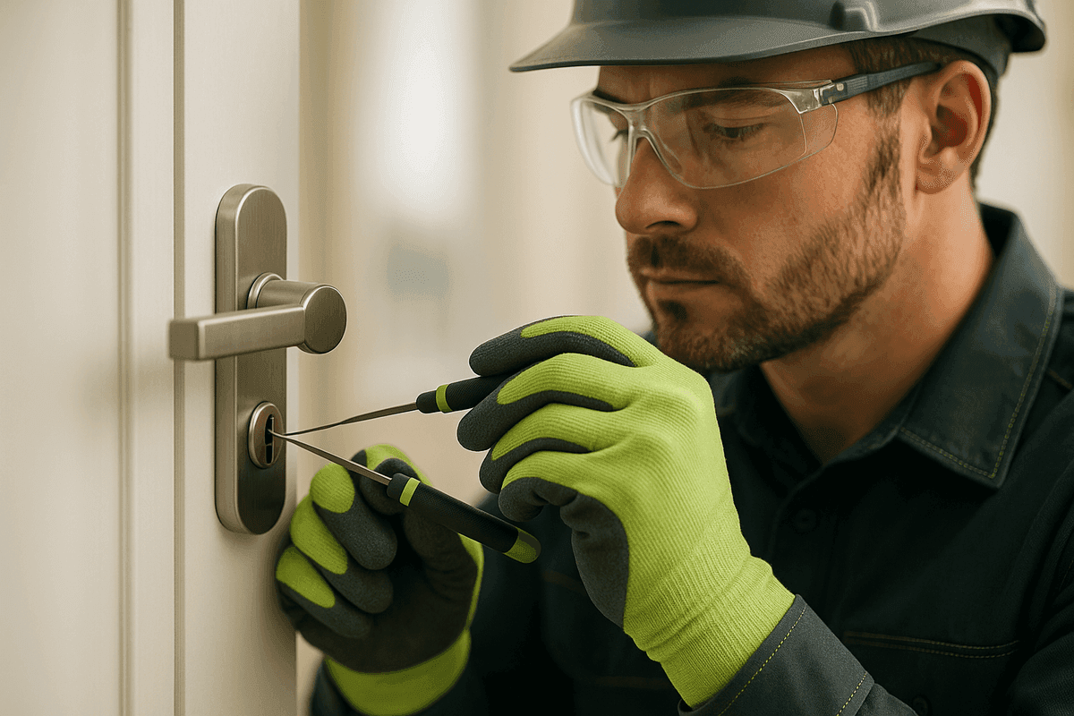 Close-up of locksth hands manipulating a lock cylinder with specialized tools